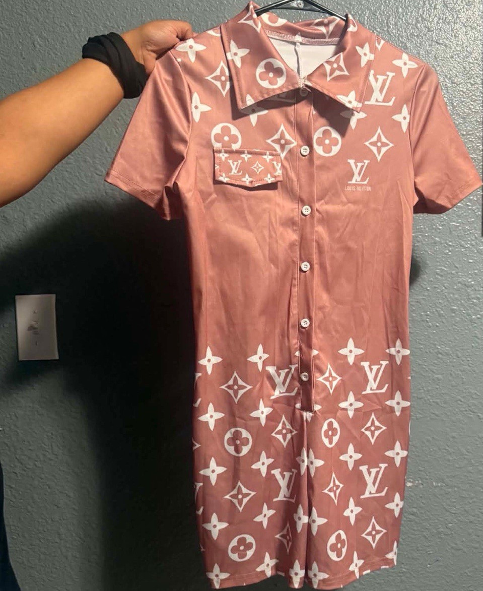 Women’s Pink/White Monogram Collared Short Sleeve Button Shirt Dress S