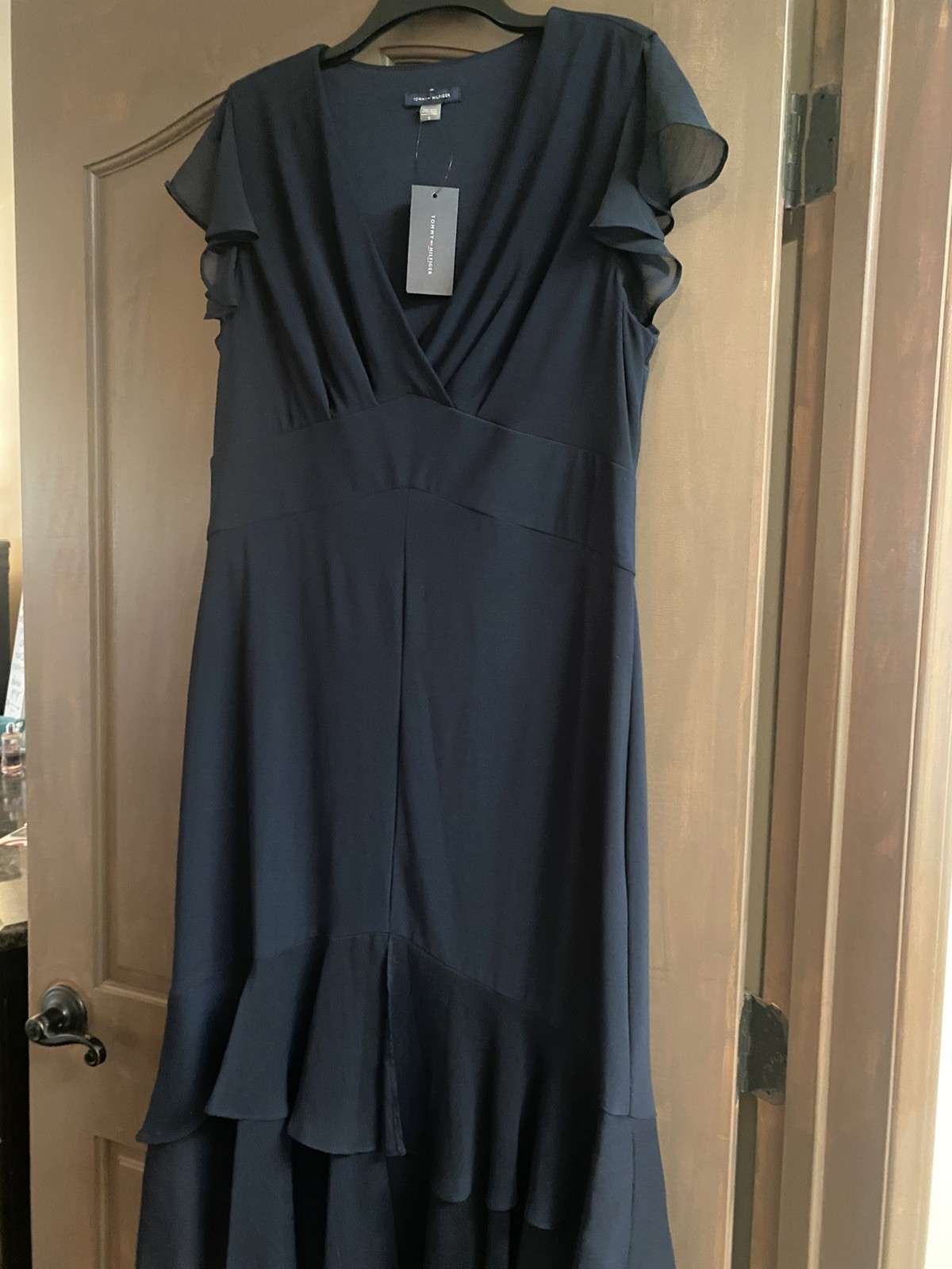 Tommy Hilfiger Women Black Maxi Wrap Dress V-Neck Short Sleeve Size 12
