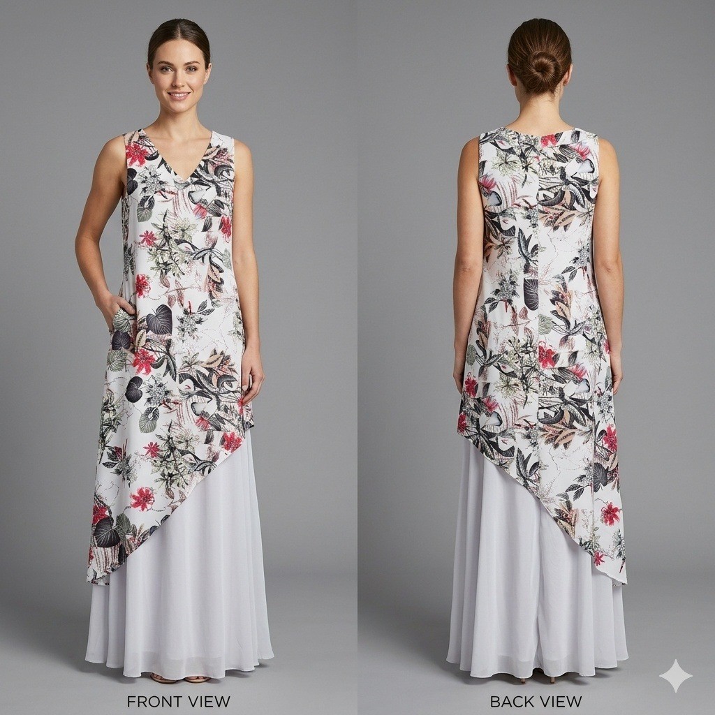 Misslook Dress Womans Floral Asymmetric Layered Maxi Dress Sleeveless V-Neck
