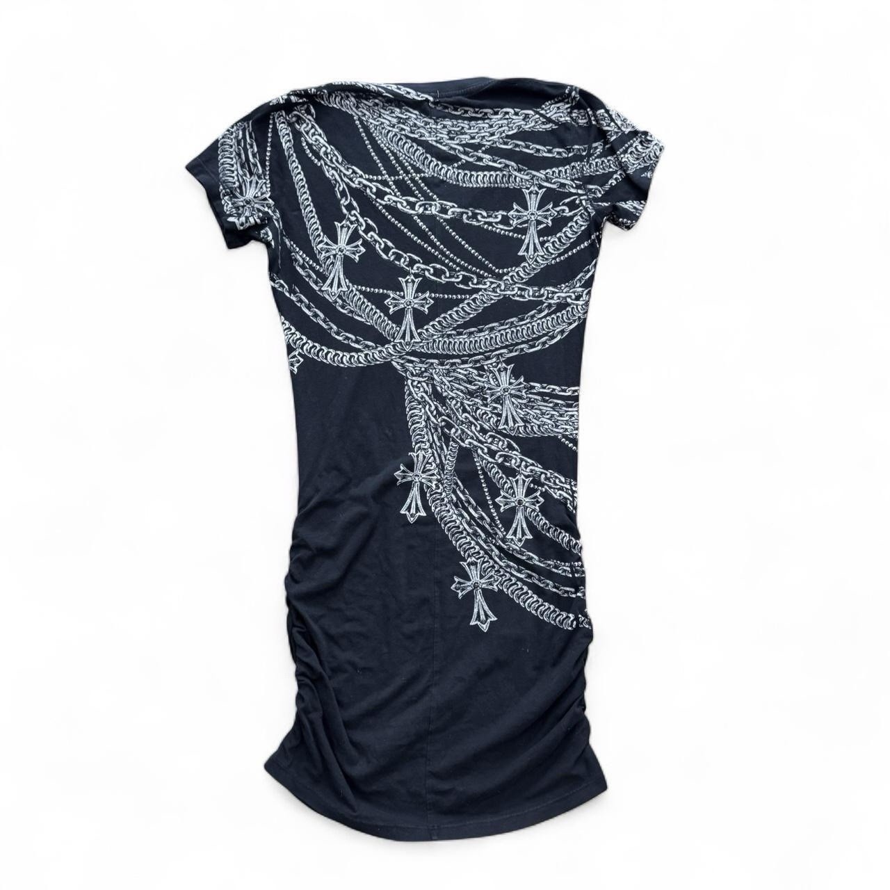 Affliction Y2K grunge goth black mini ruched Cross Chain Print dress