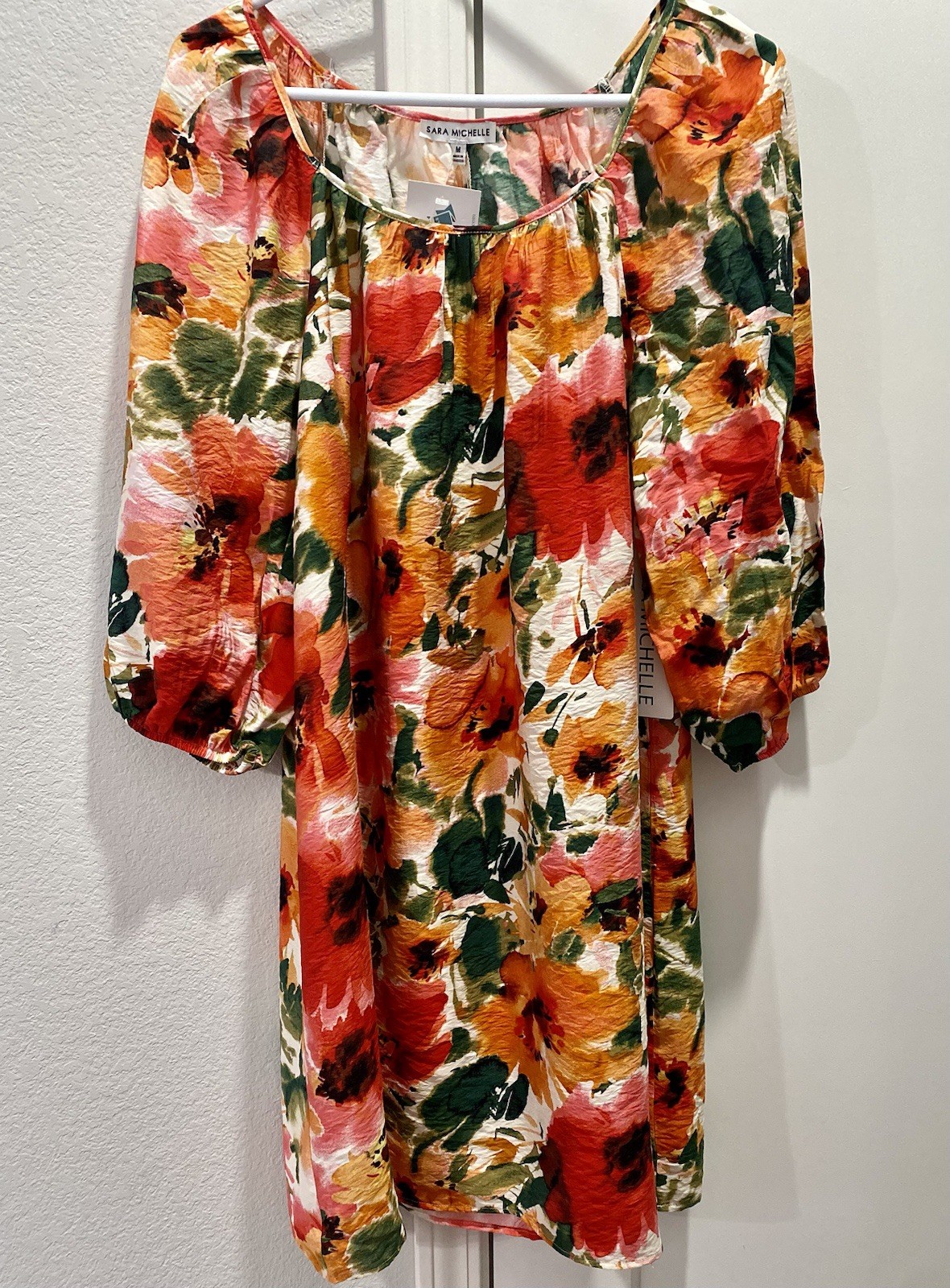NWT Woman’s Sara Michelle Orange Peach Green Floral Slip-on 3/4 Sleeve Dress Med
