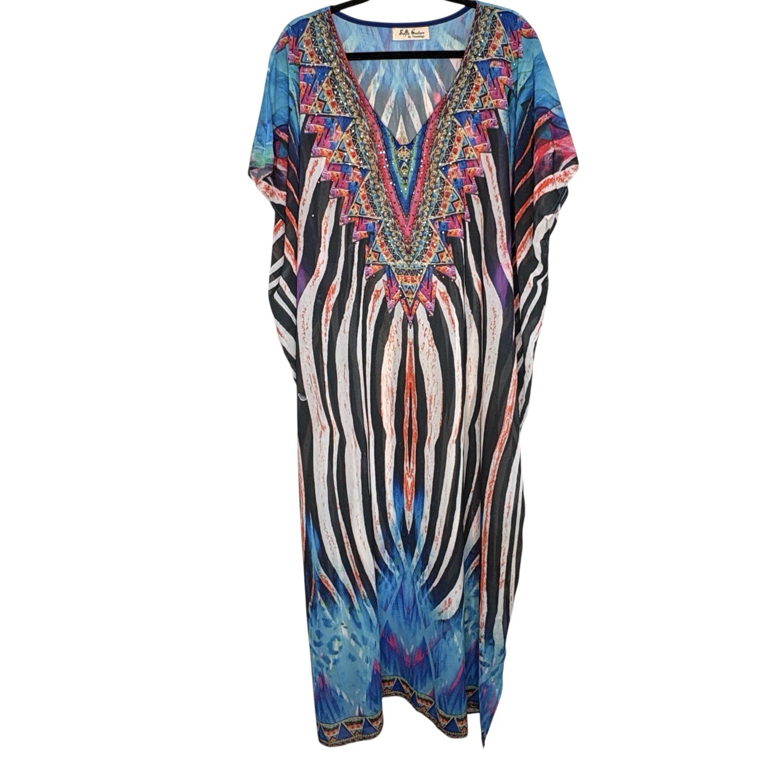Boho Sheer Maxi Kaftan Dress OS Resort Swim Cover Festival Art Tropical Maximal