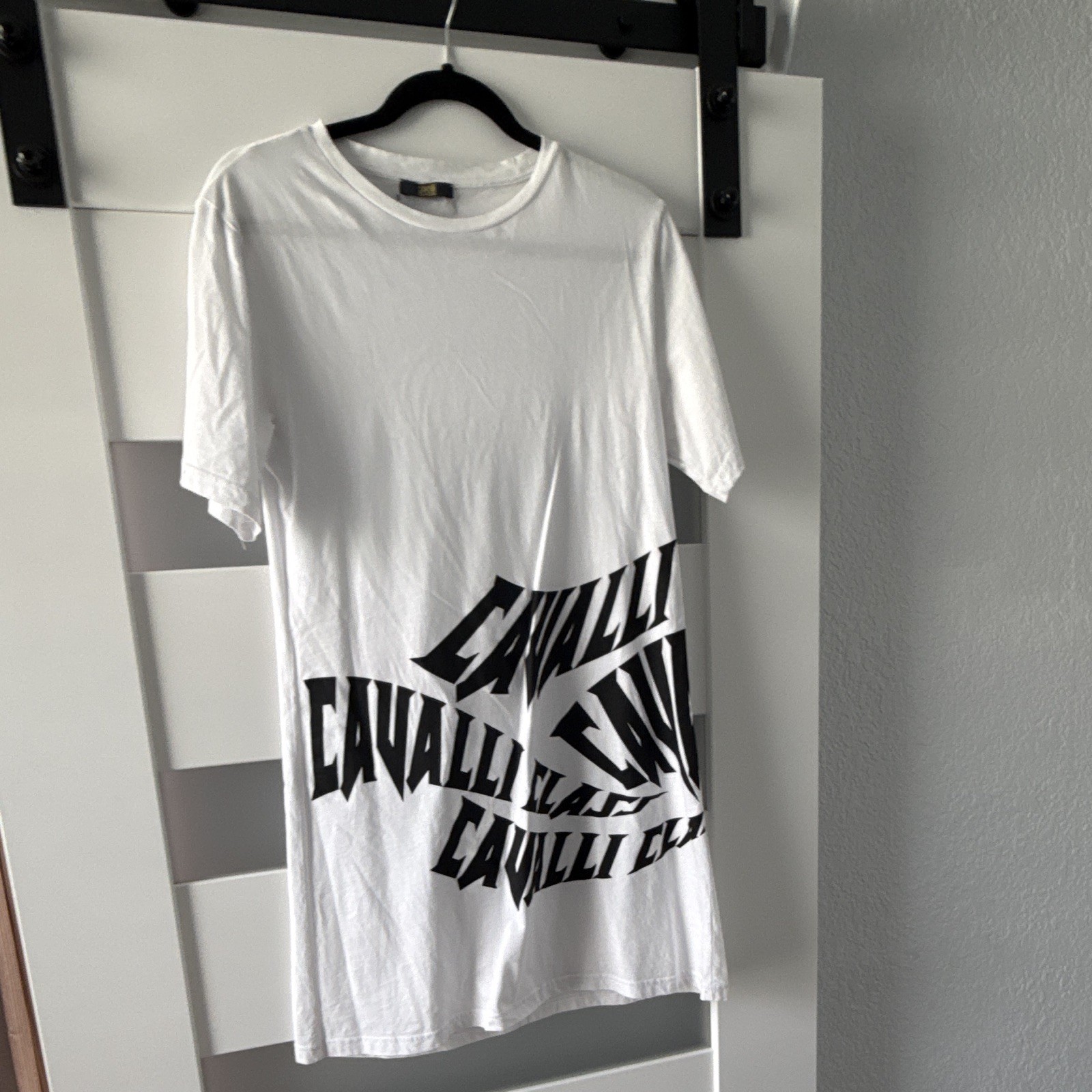 Cavalli Class woman’s White/Black Crew Neck Short Sleeve Graphic Logo dress