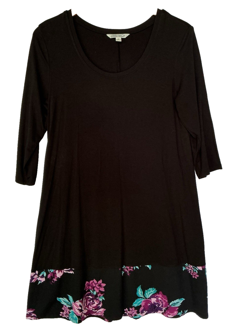 Pioneer Woman Women’s Dress Black MEDIUM Floral Border 3/4 Sleeve Knee Length