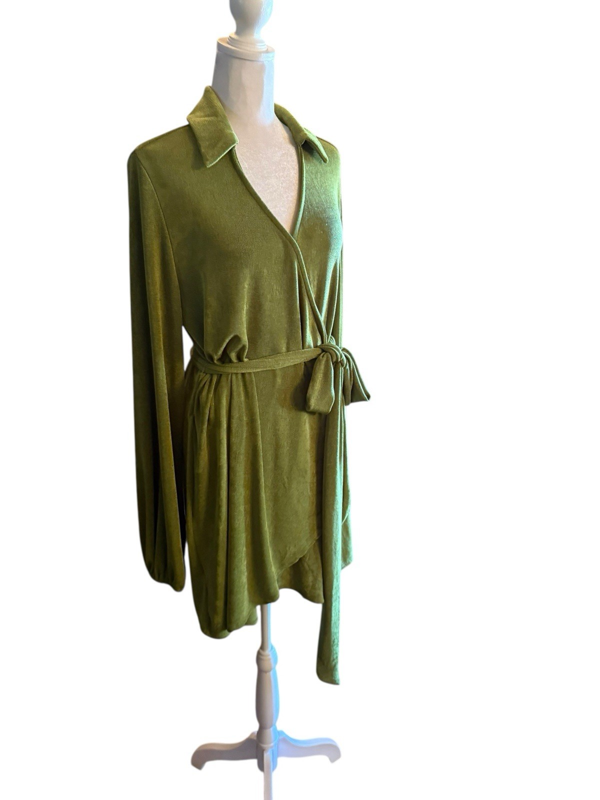 Princess Polly Green Party Time Faux Wrap Long Sleeve Mini Dress 10 Belt Stretch