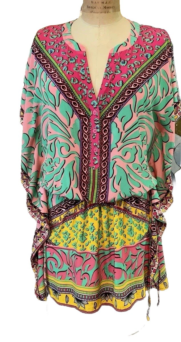Hale Bob Silk Blend Vibrant Mixed Print Kaftan Tunic Mini Dress