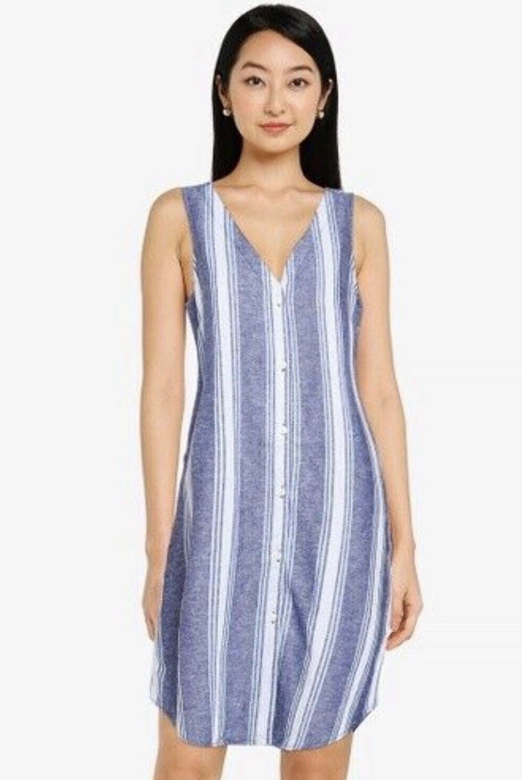 Gap Women’s Sleeveless Blue Striped Button-Front Linen Blend Shift Dress Small