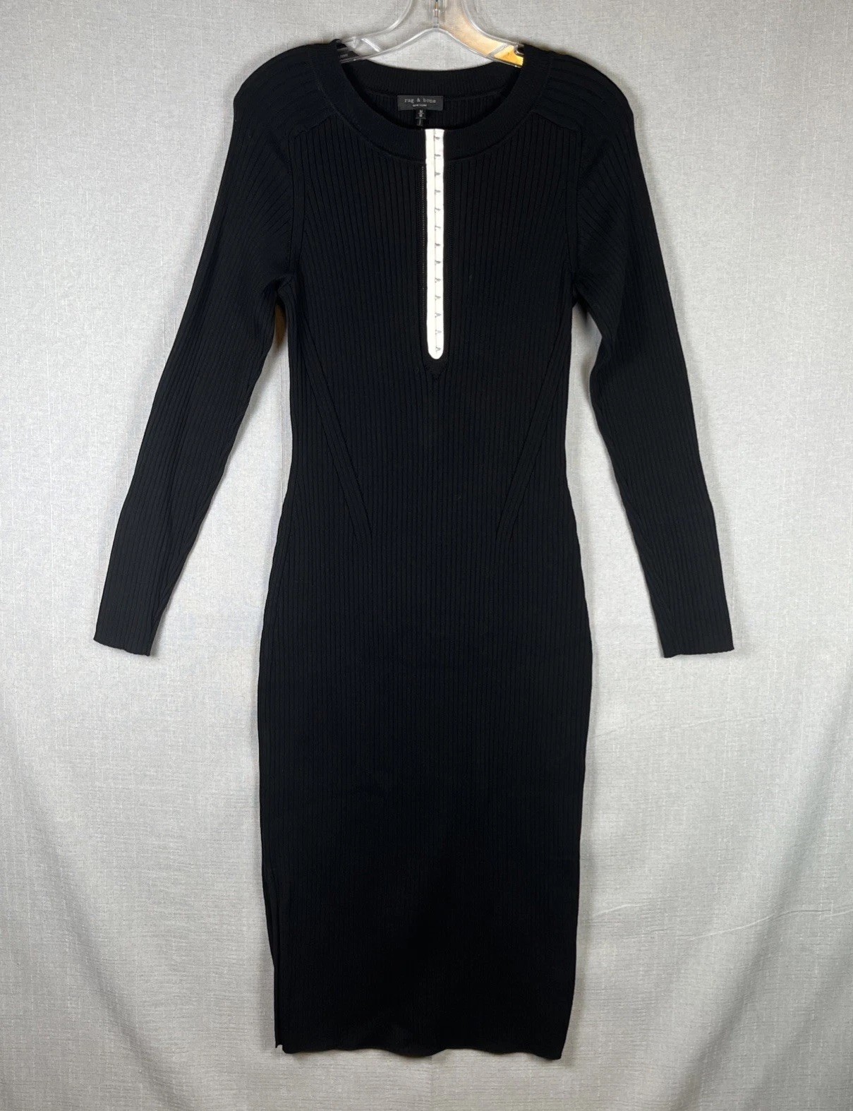 Ribbed Sweater Dress Womens Size M Black Stretch Long Sleeve Sheath Bodycon Midi