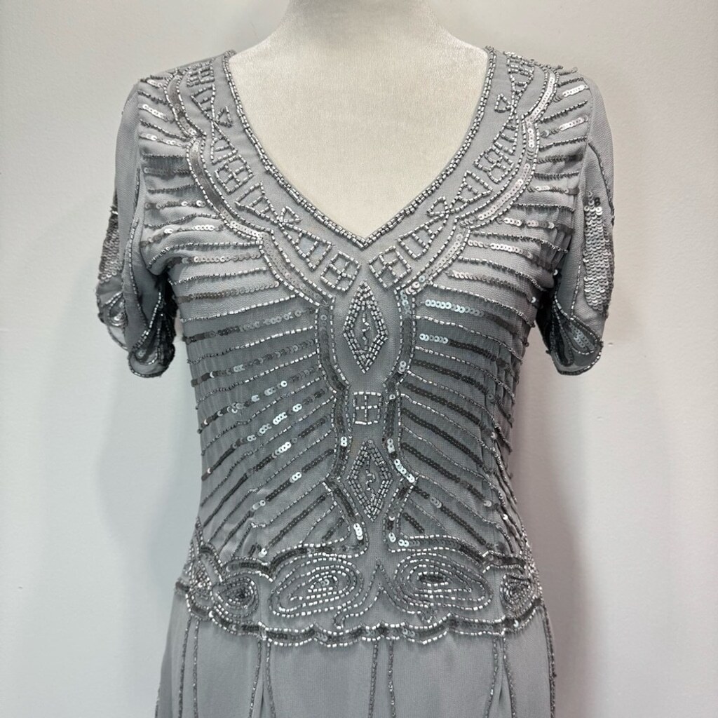 Cocktail Party Dress Silver Beaded Sequined Short Sleeve V Neck By Lace & Beads