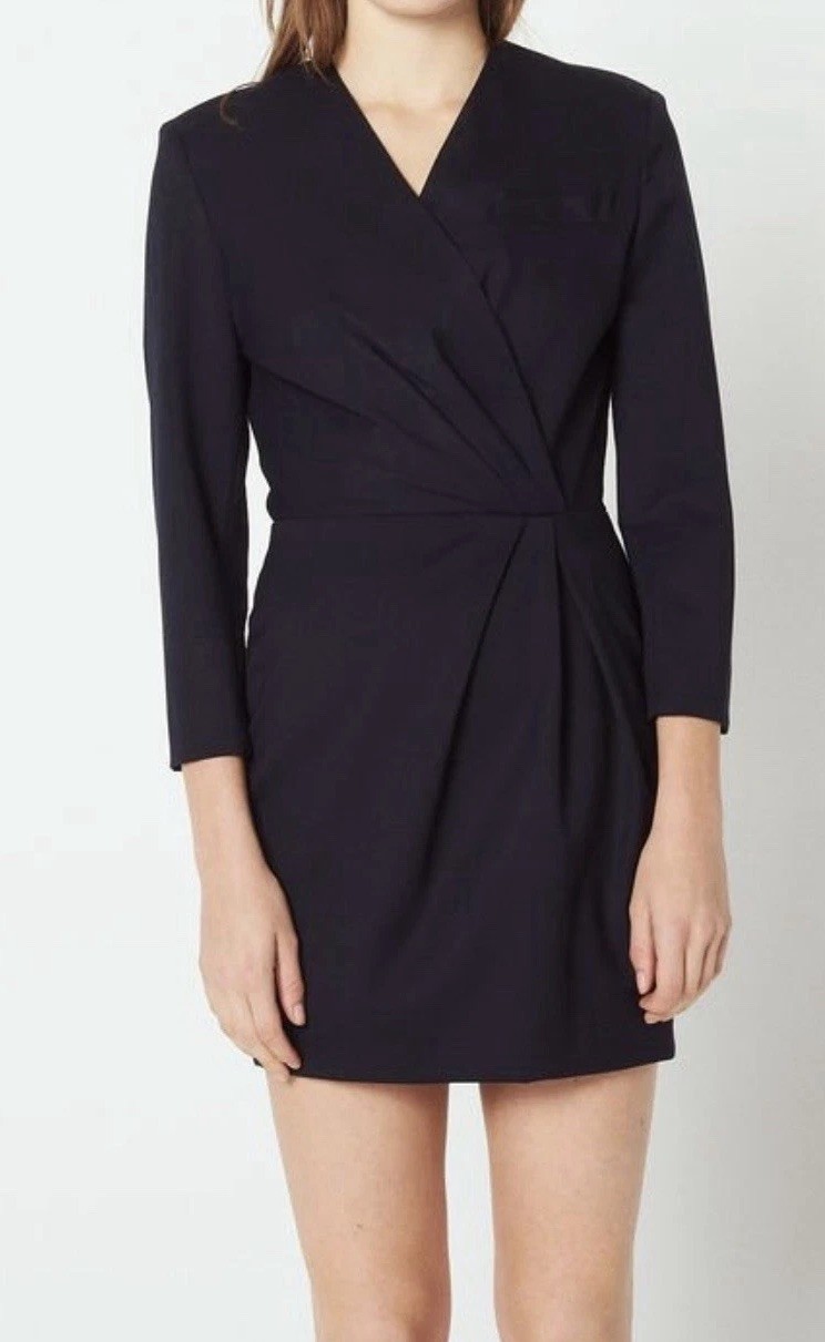 SANDRO Women’s Grattinara Wrap-Effect Twill Dress In Midnight Blue Sz 36 (4)