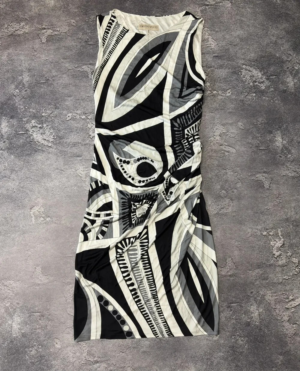 Emilio Pucci Luxury Abstract Geometric Print Ruched Dress Womens Size I46