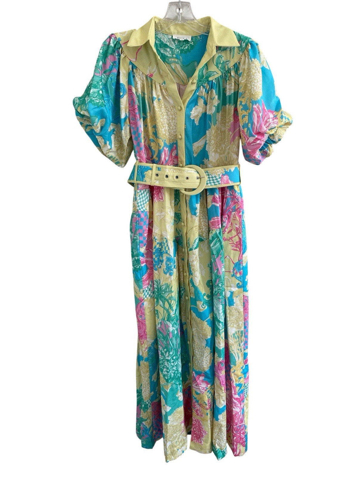 Billy J. Yellow Pink & Blue Floral Linen Blend Maxi Dress Womens Size Small