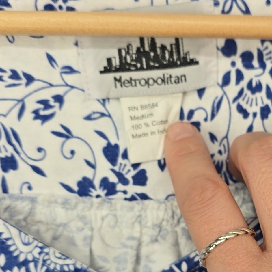 Metropolitan Blue White Floral Paisley Cotton Muu Muu House Dress Womens Medium