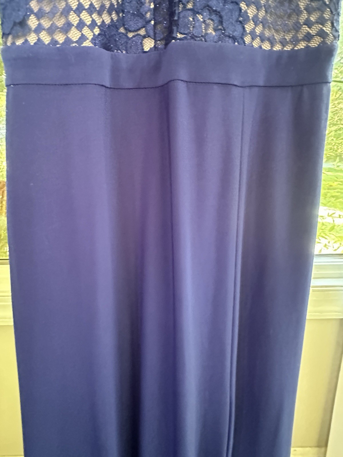 Morgan & Co. Blue Floral Lace Halter Sleeveless Long Gown Zip Sheer S/6