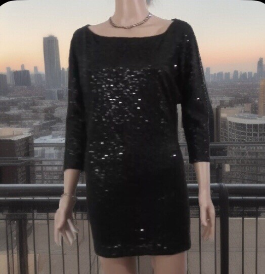 Black Sequin Dress (SIZE TAG MISSING) Bust 32in Length 30in Boat Neck 3/4 Sleeve