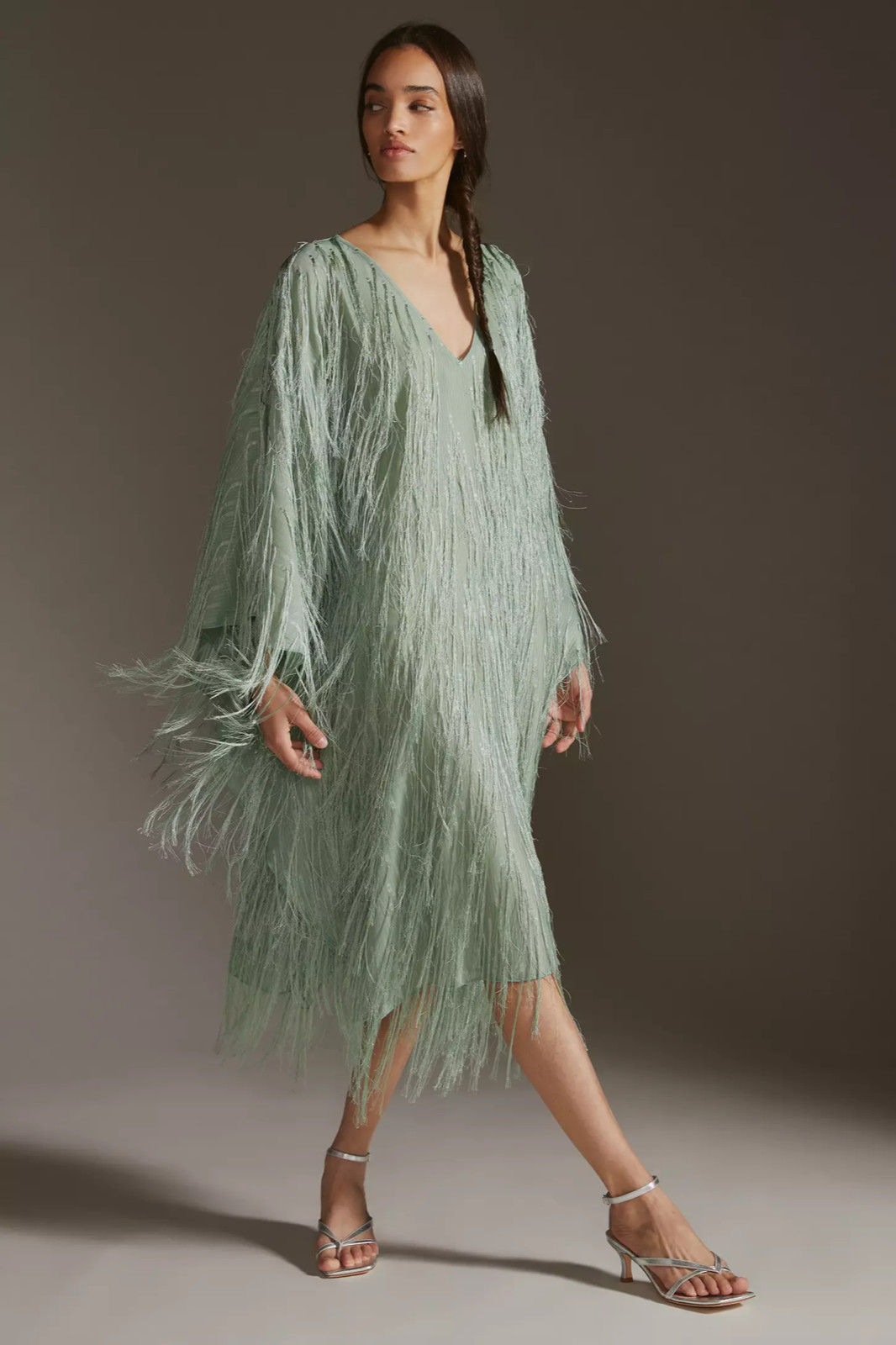 Anthropologie NWT Maeve Sea Foam Green Fringed Shine Kaftan Rare Dress Size OS
