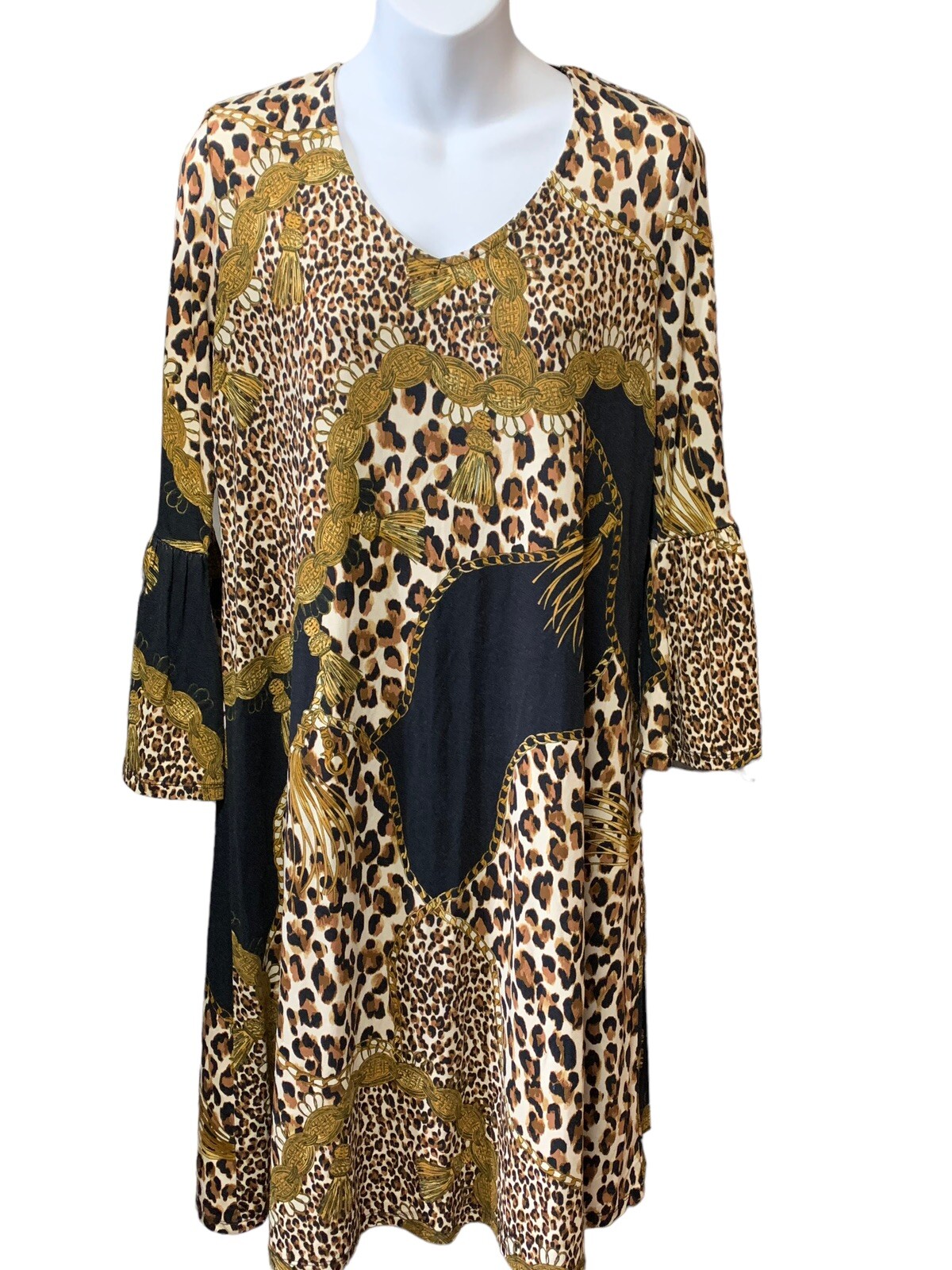New Directions Animal Print Knit Loose Fit Dress L Juliet Sleeves Gold Brown