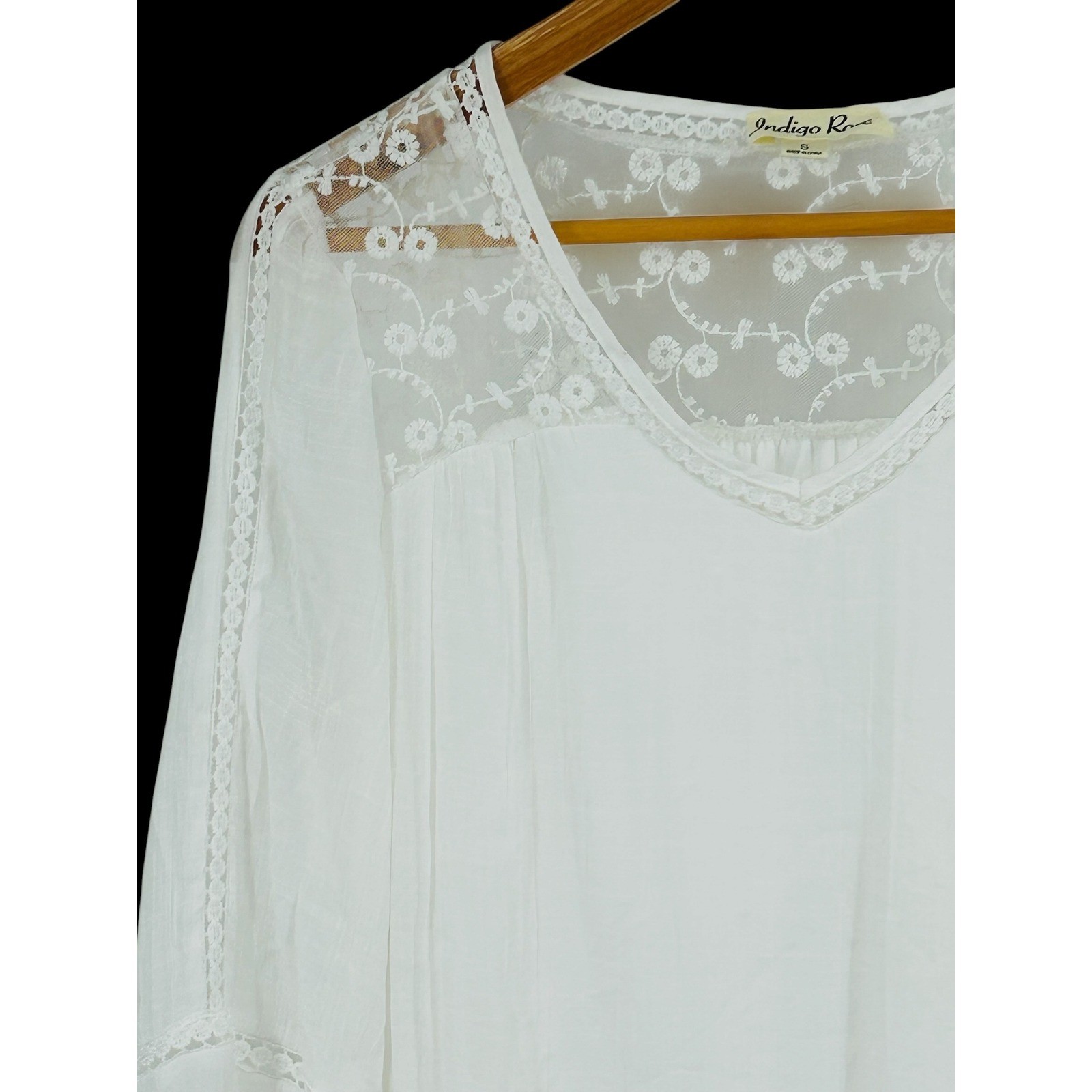 Indigo Rose White Lace Boho Tunic Dress V Neck 3/4 Sleeve Small