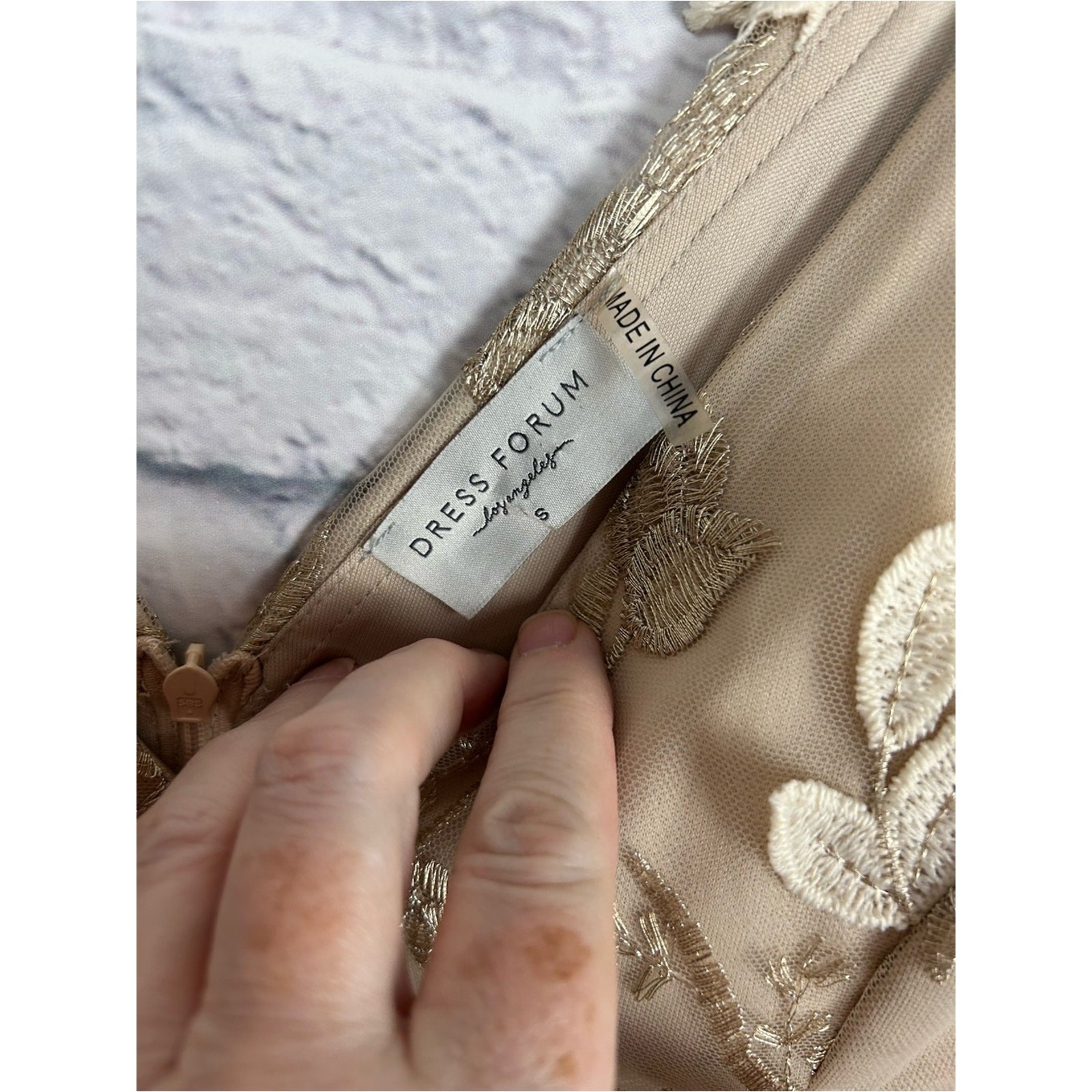 Dress Forum Embroidered Floral Mesh Midi Dress Beige Cream Size Small