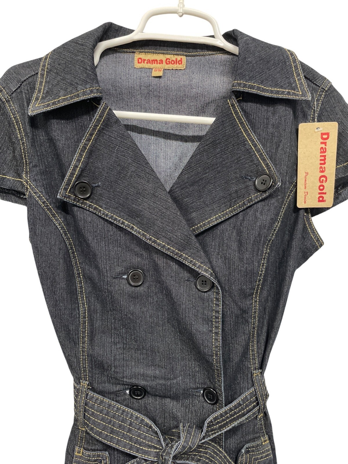 Botique Black Denim Double Breasted Button Down Dress Belted Waist Size 9/10