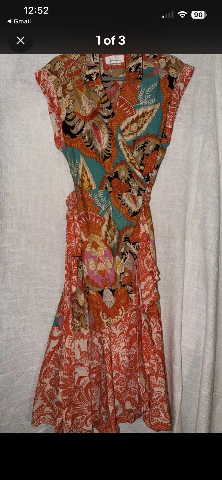 Anthropologie V-Neck Wrap Orange Multi Print Dress L Tiered Ruffle