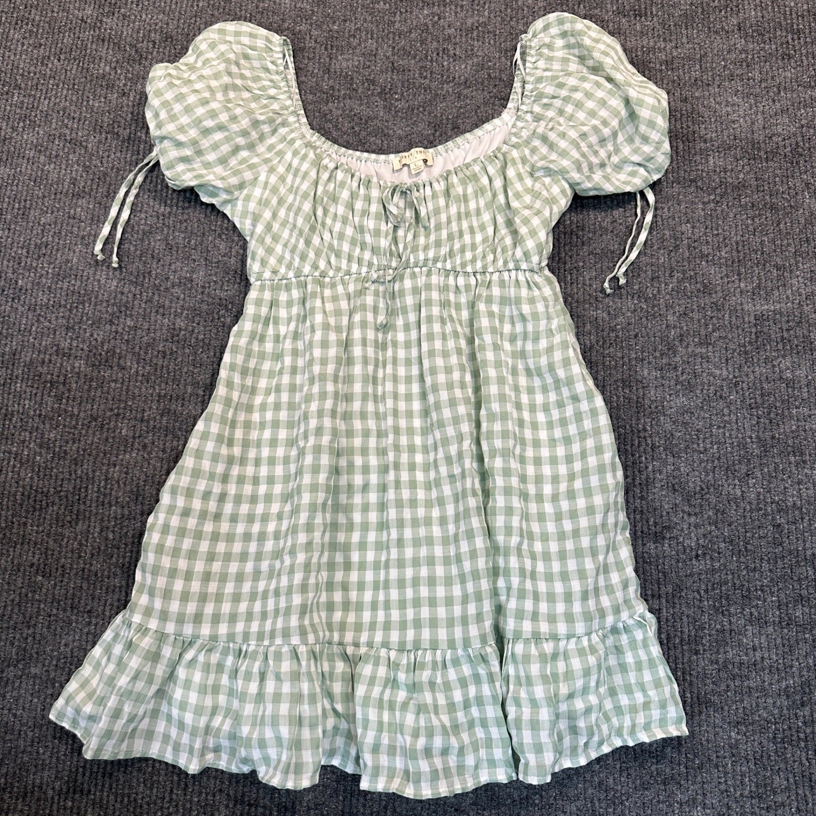 Thirty Third L/A Gingham Mini Dress Large Green White Puff Sleeve Cottagecore
