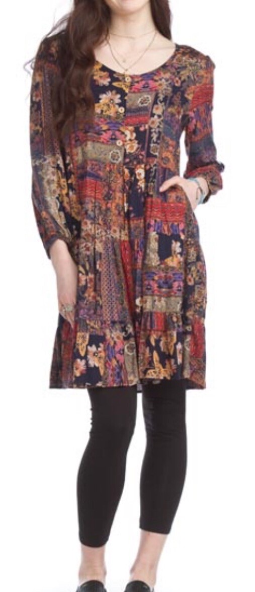 Papillon Patchwork Printed Dress Women’s XL Boho Artsy Blue Floral Style 15526