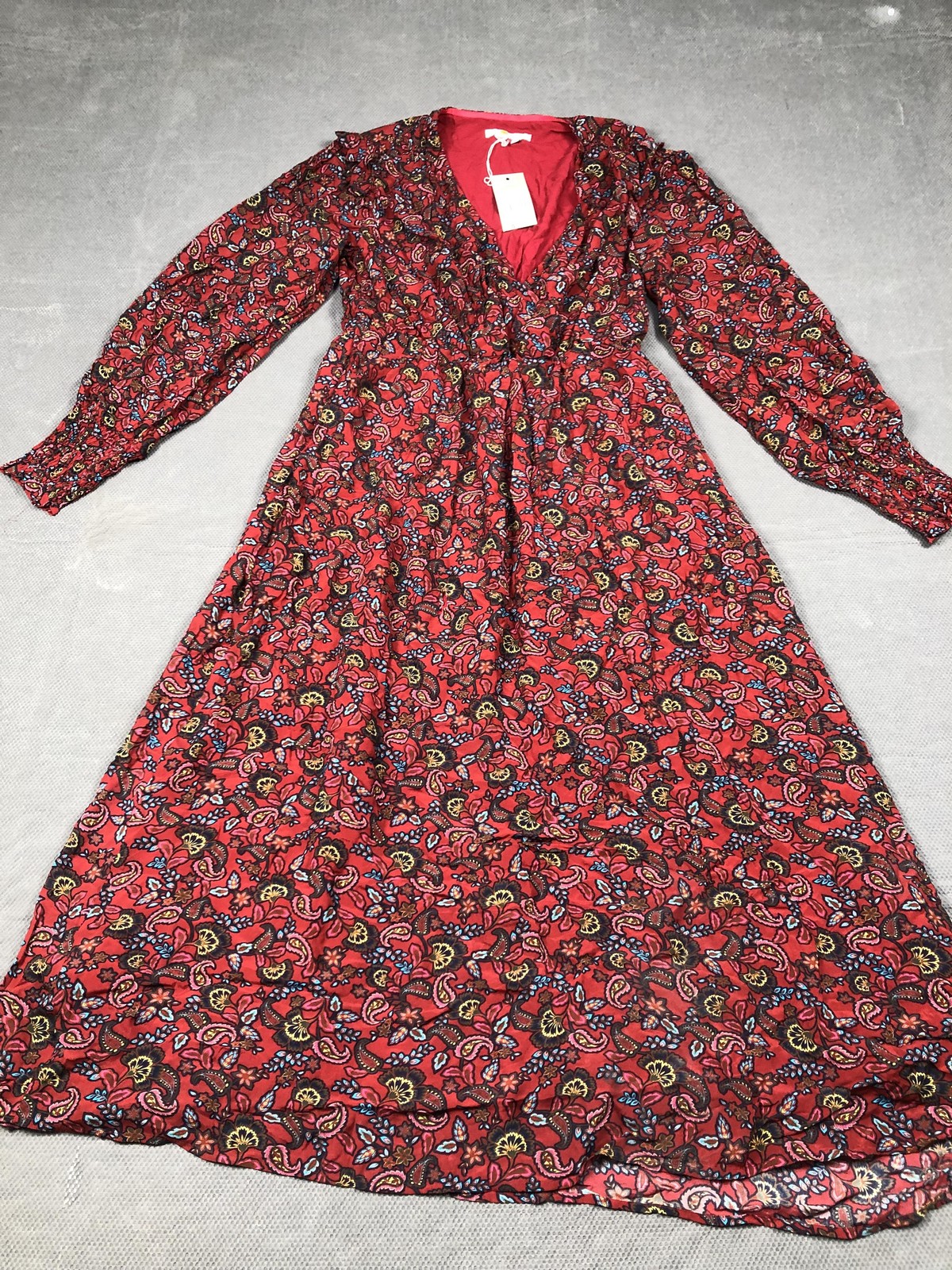 Boden Dress Womens 8P Red Floral V Neck Long Puff Sleeve Fit Flare Midi NWT