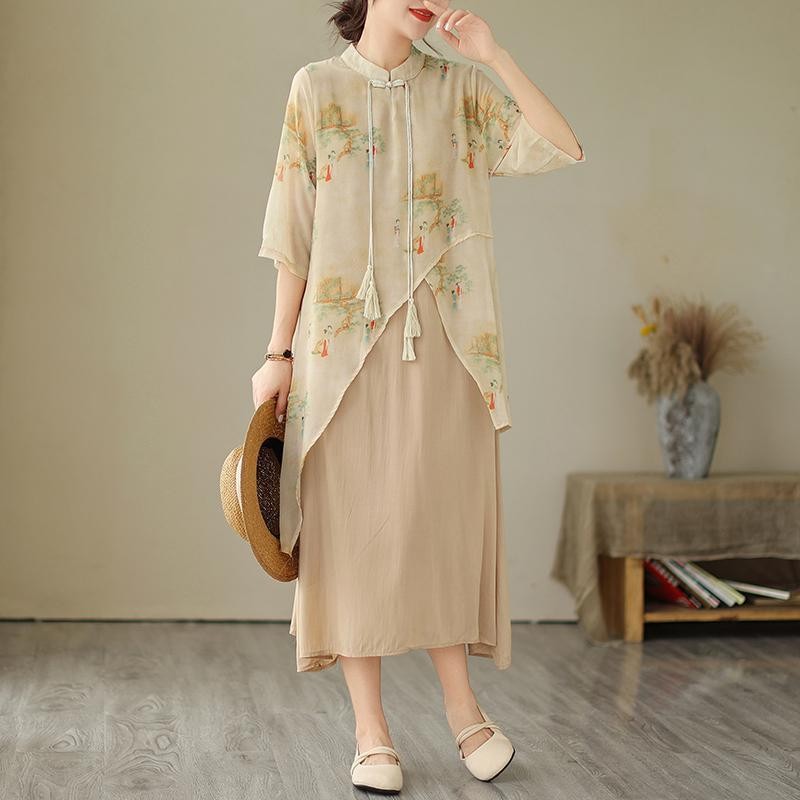 Womens Chinese Ancient Beauties Printed Loose Cheongsam Mother Dresses Plus Size