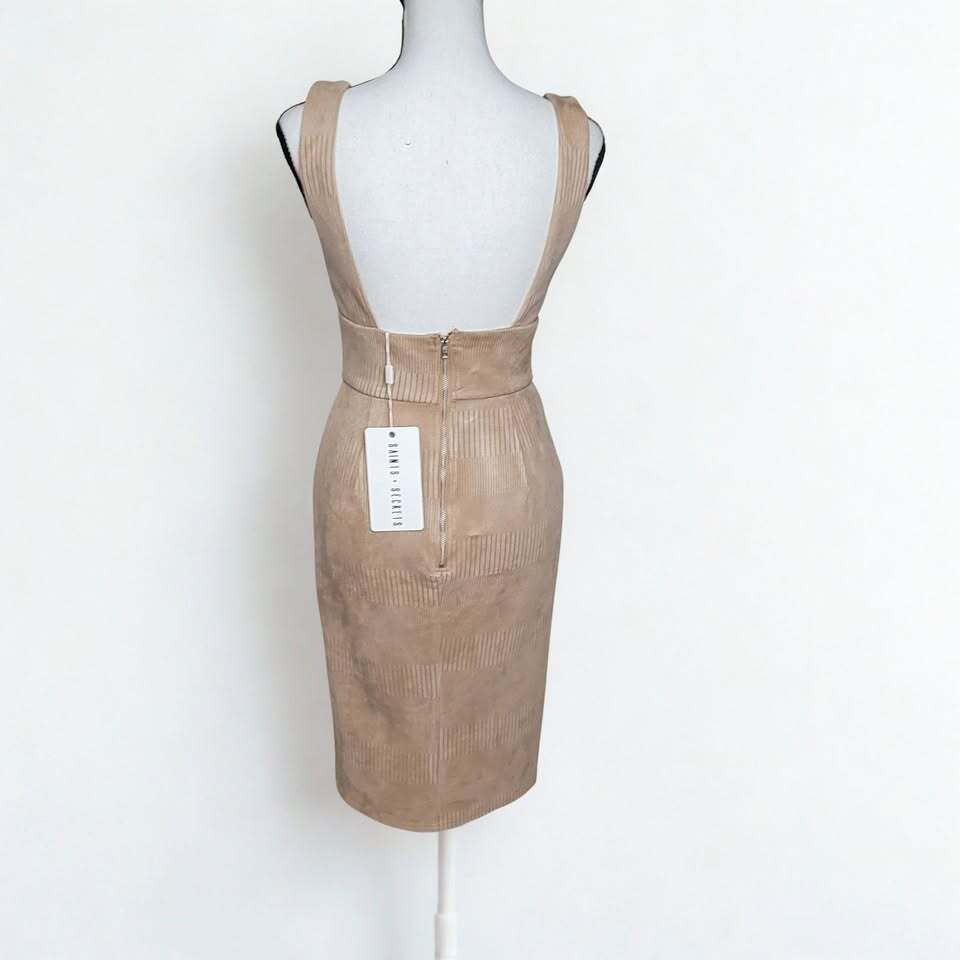 NWT Saints + Secrets Medium Nude Beige Suede Ribbed Bodycon Midi Sheath Dress