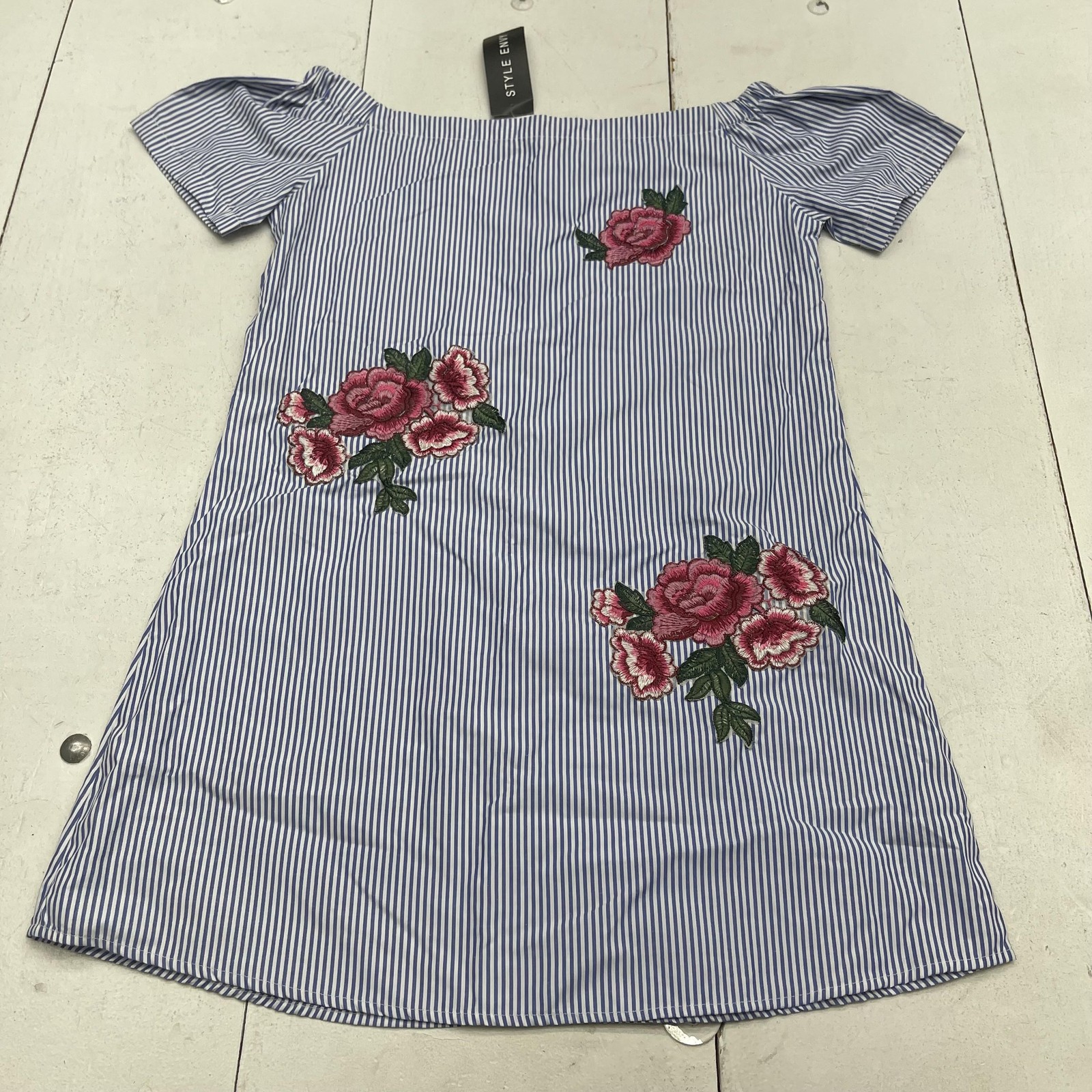 STYLE ENVY Dress Womens M Blue White Stripe Off Shoulder Floral Embroidered