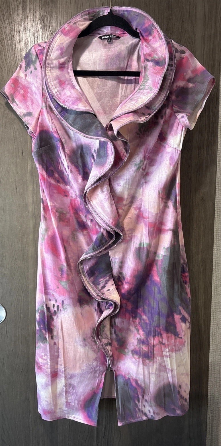 Samuel Dong ZIPPER Ruffle Dress Size Small Pink Floral Watercolor