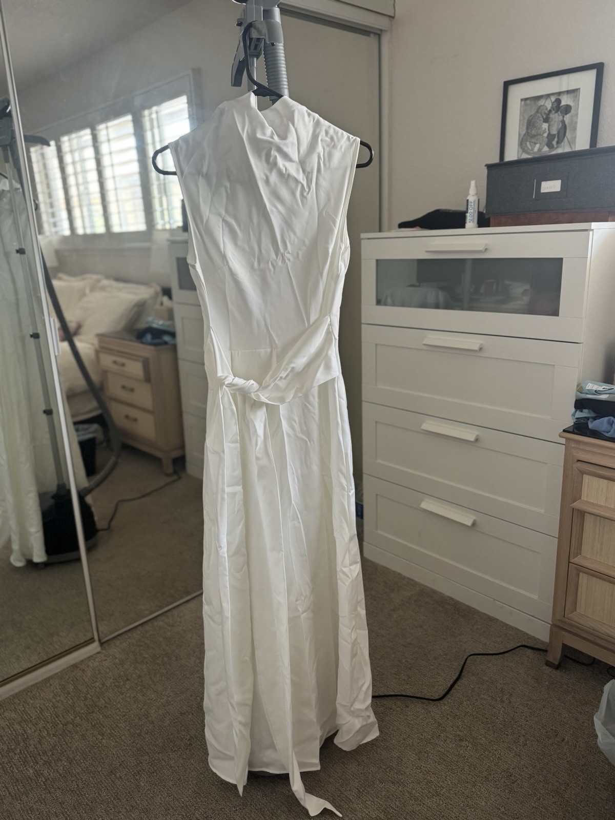 Women’s White Formal Long Dress M Sleeveless High Neck Belted Tie Waist