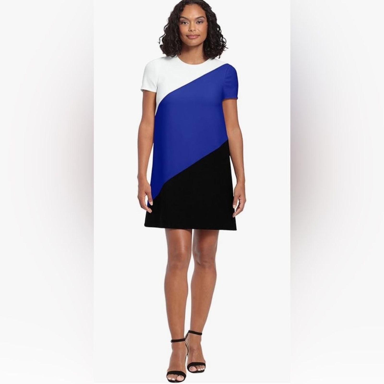 London Times Womens A-line Color Block Dress Office Work Black/Cobalt Blue/White
