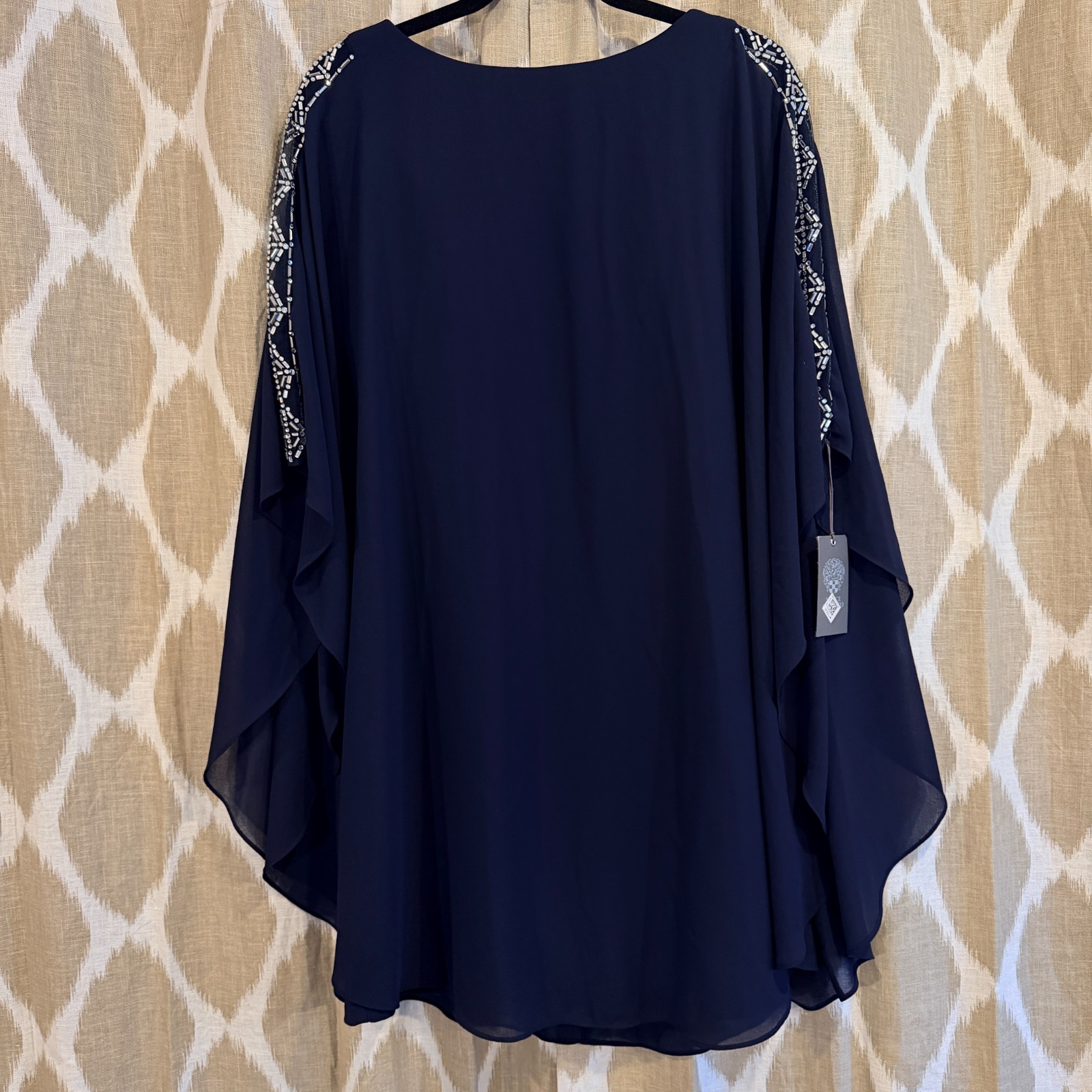 NWT Vince Camuto Navy Blue Embellished Flowy Cape Sleeve Dress Quiet Luxury 6