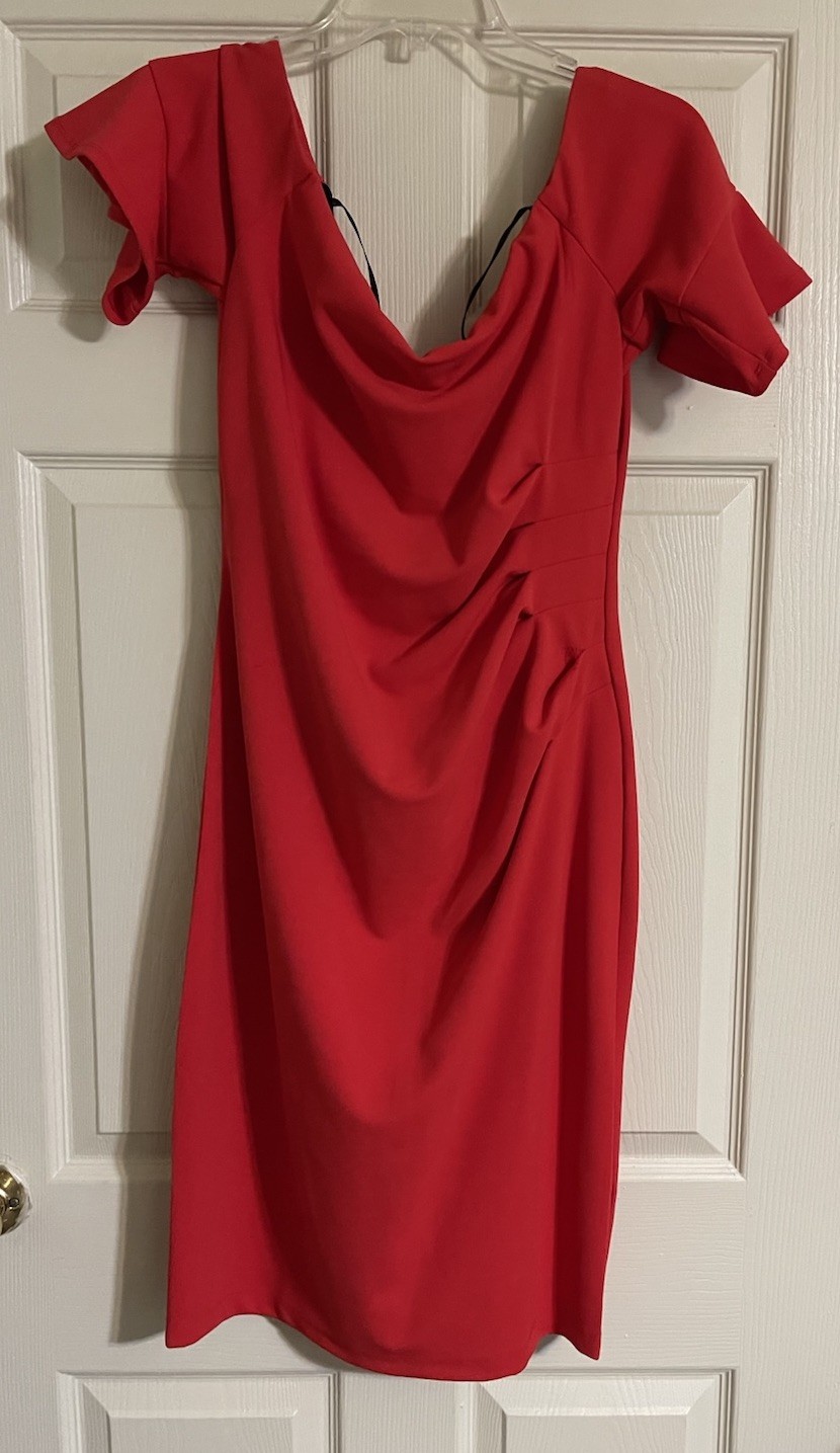 Premier Amour Dress Women’s Size 14 Lipstick Red Off Shoulder Ruched Waist NWT