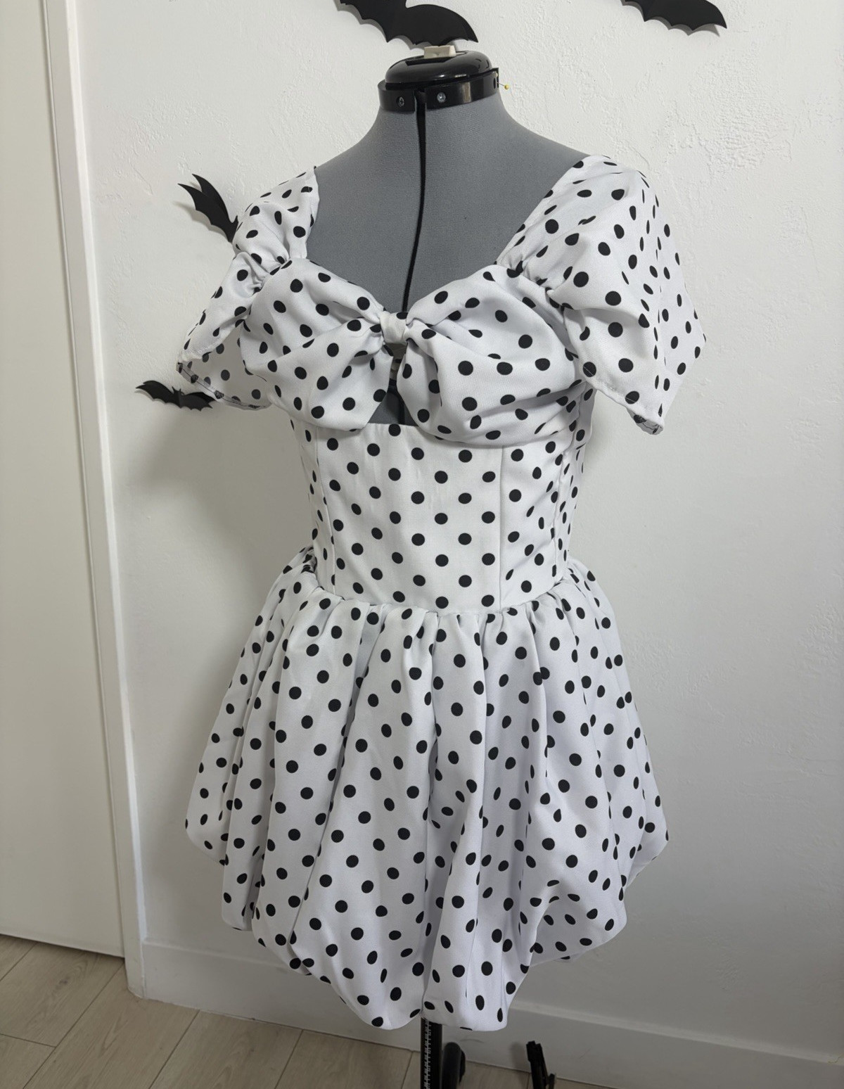 Maryzo Atelier Polka Dot Sweetheart Puff Sleeve Bow Bubble Hem Short Dress S