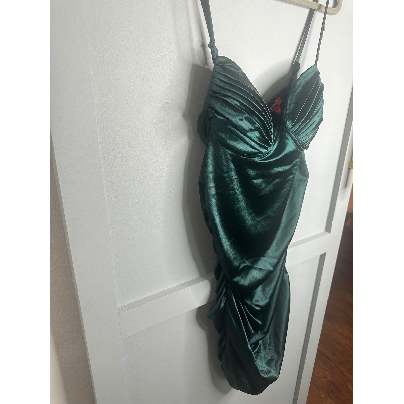 Guess Taima Dark Jade Green Ruched Satin Bodycon Mini Dress XL Q2OK03KB0T0 NWT