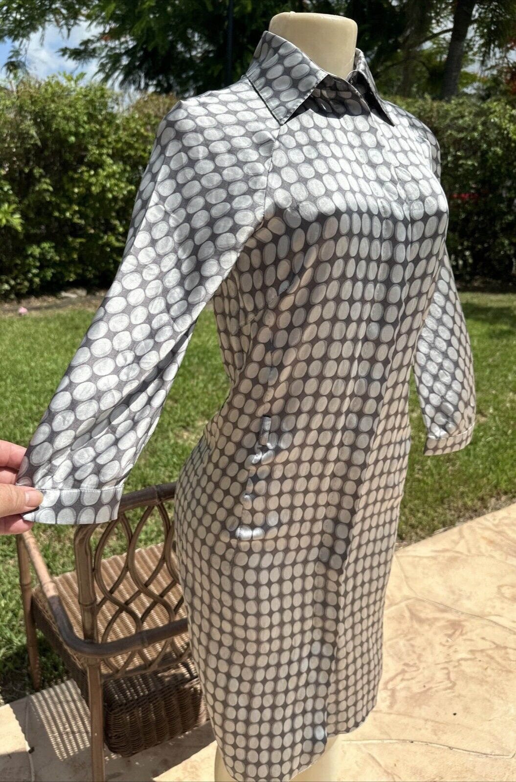 MALO GRAYS SILK PRINT BUTTON FRONT 3/4 SLEEVES CASUAL DRESS Sz 40 MADE IN ITALY