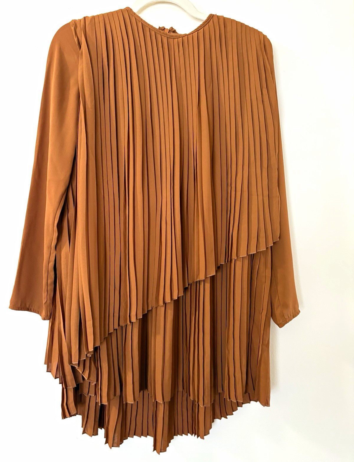 Byrm Fashion Brown Pleated Dress, Round Neck, Long Sleeve, Knee, Stretch, 38