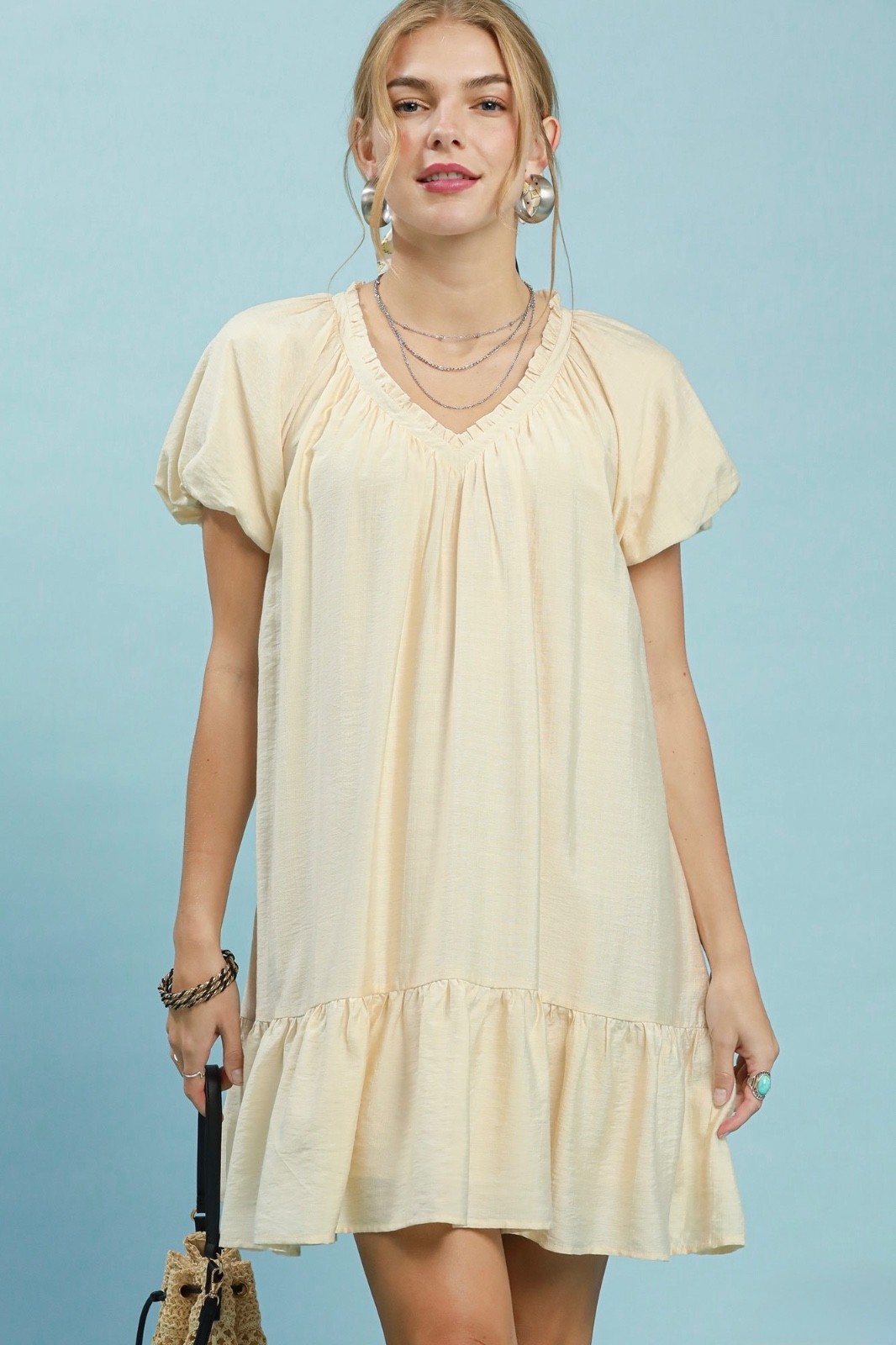 Umgee Ruffle Hem Shift Mini Dress Cream V Neck Boho Babydoll Women’s NWT