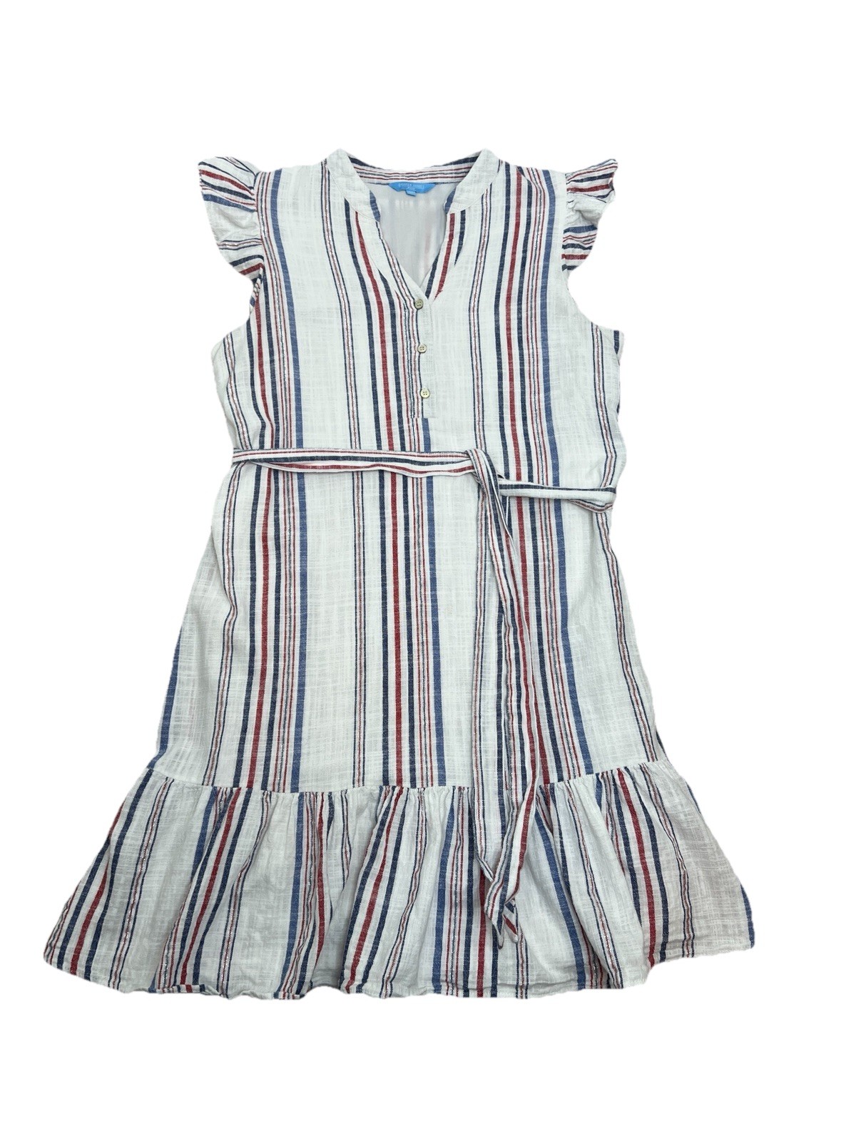 Draper James RSVP Red Blue Stripe Ruffle Tired V Neck Tie Waist Dress Size M