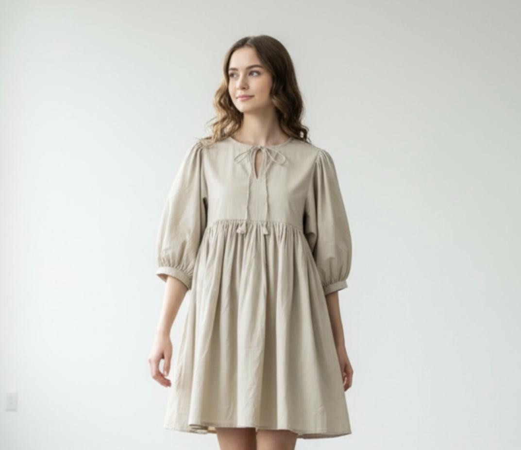 Simple Solid Color Dress | Loose Fit Puff Sleeve Summer Wear