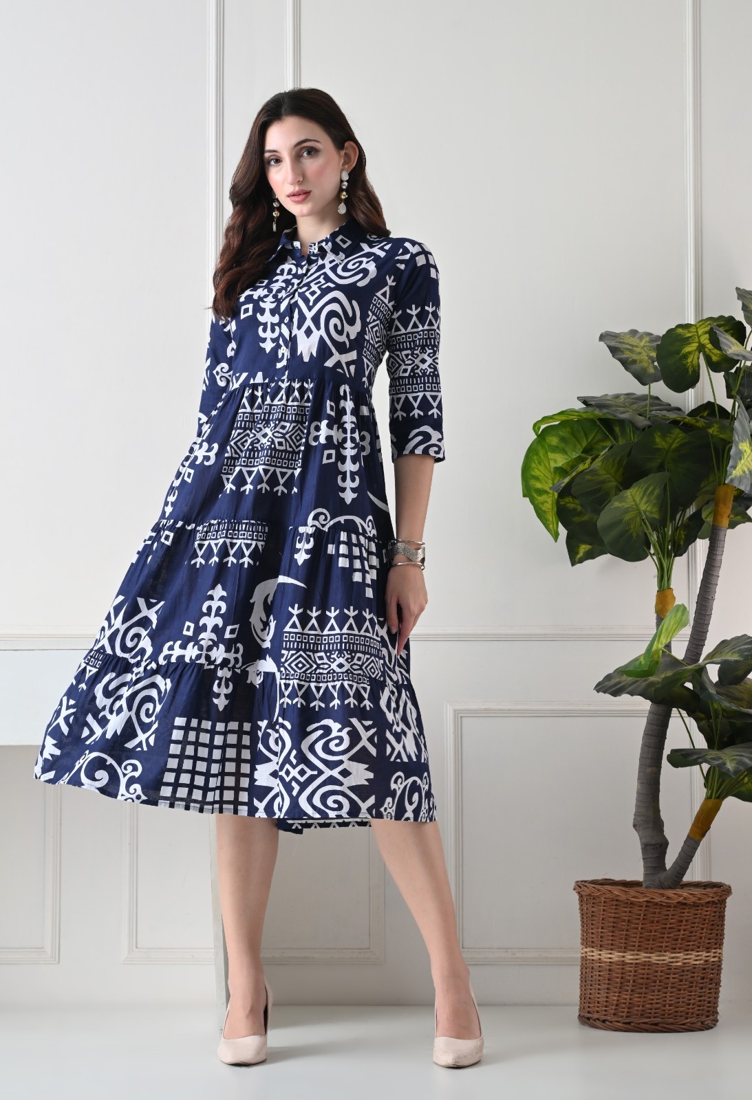 Women’s Cotton Fit and Flare Printed 3/4 Sleeve Collared Casual Dress/Midi Dress