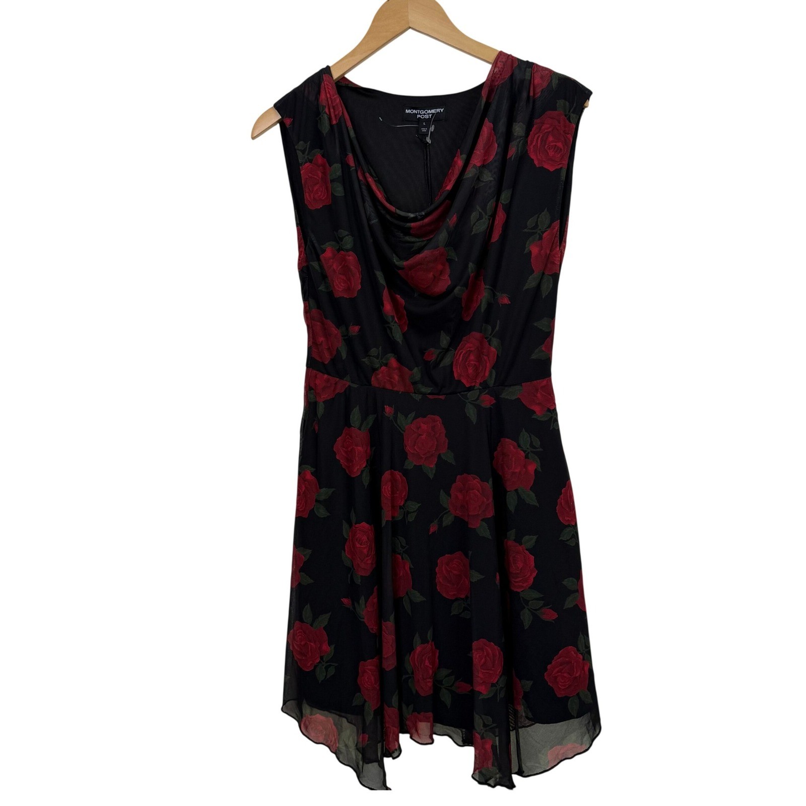 Montgomery Post Women Red Rose Floral Cowl Neck Mesh Dress Black Large NWT