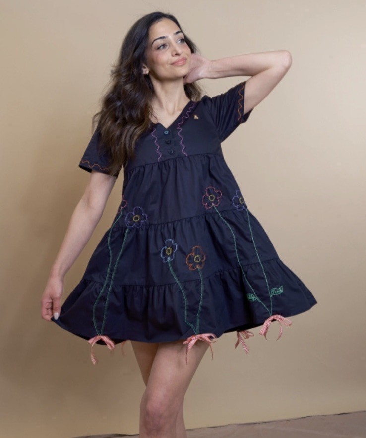 Teddy Fresh Bouquet Black Dress Women’s Size XS Embroidered Bow Babydoll Rave P2