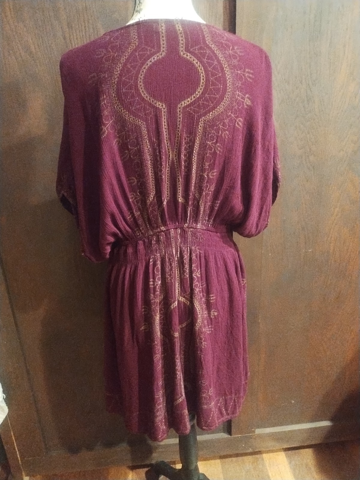 Earthbound Gauze Boho Dress Size Large Empire Waist Burgundy Granola Tribal