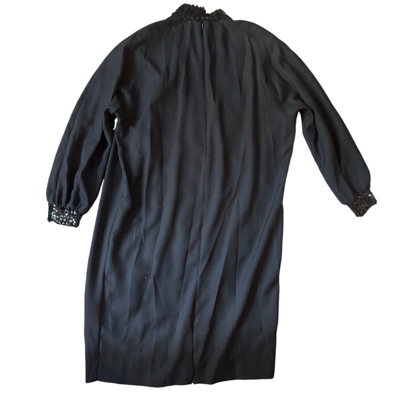 Vintage (Original Tags) | Black Sequin Collar Woven Crepe Dress | Size 18