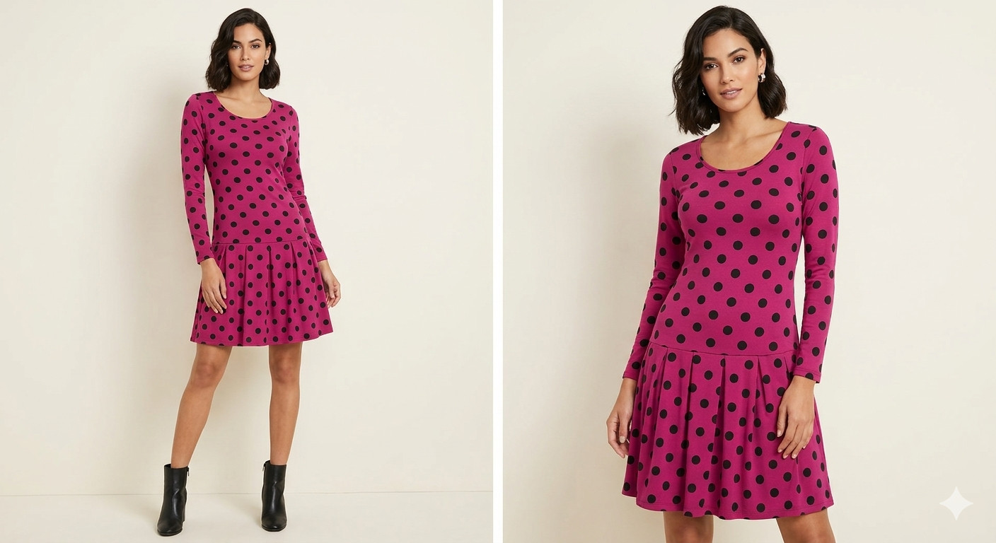 Kensie Fit & Flare Red and Black Polka Dot Dress | Long Sleeve, Scoop Neck