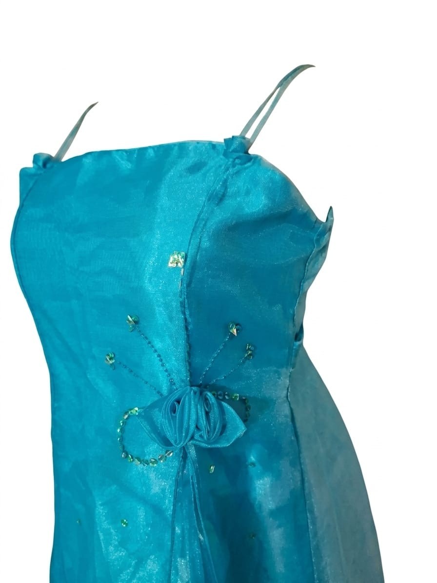 Gino Blue Beaded Bow Chiffon Fit & Flare Midi Dress Lined Zip 14 J1293